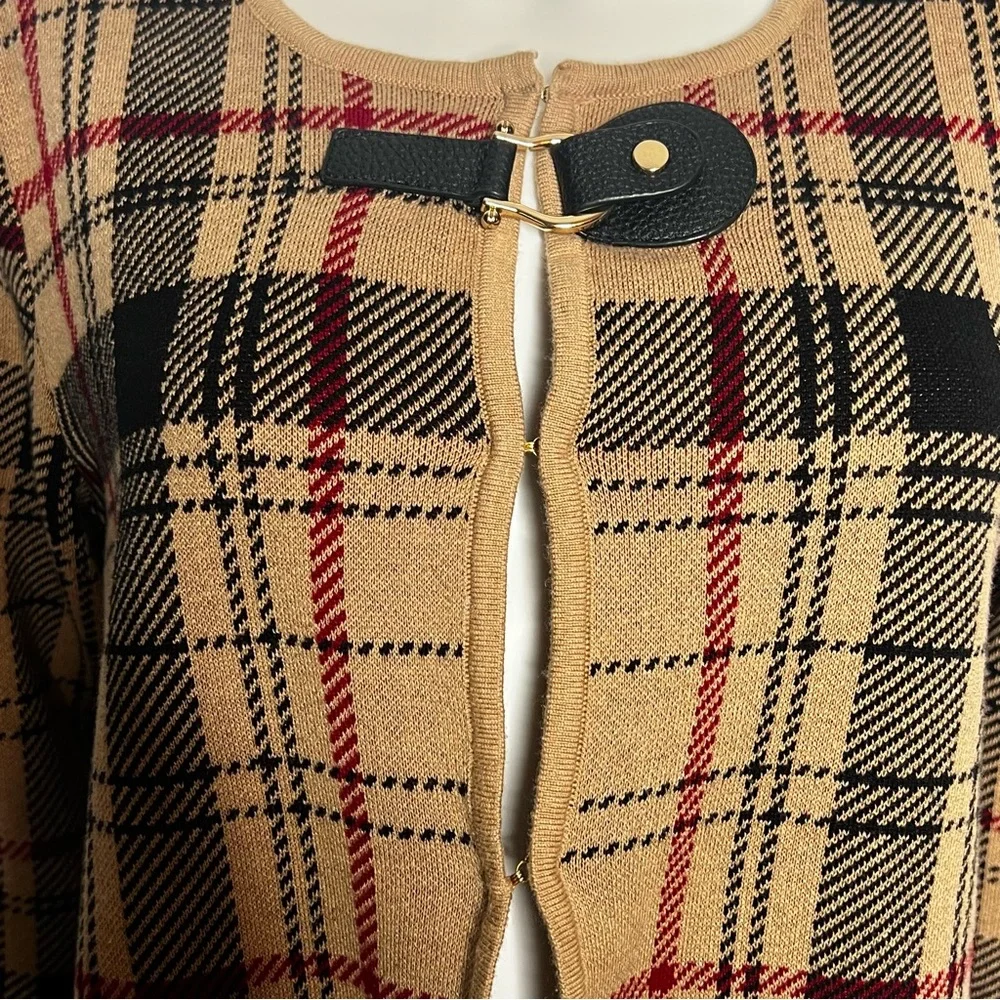 Anne Klein Tan Plaid 3/4 Sleeve Casual Long Cardigan Sweater Womens Size Large - Picture 4 of 6